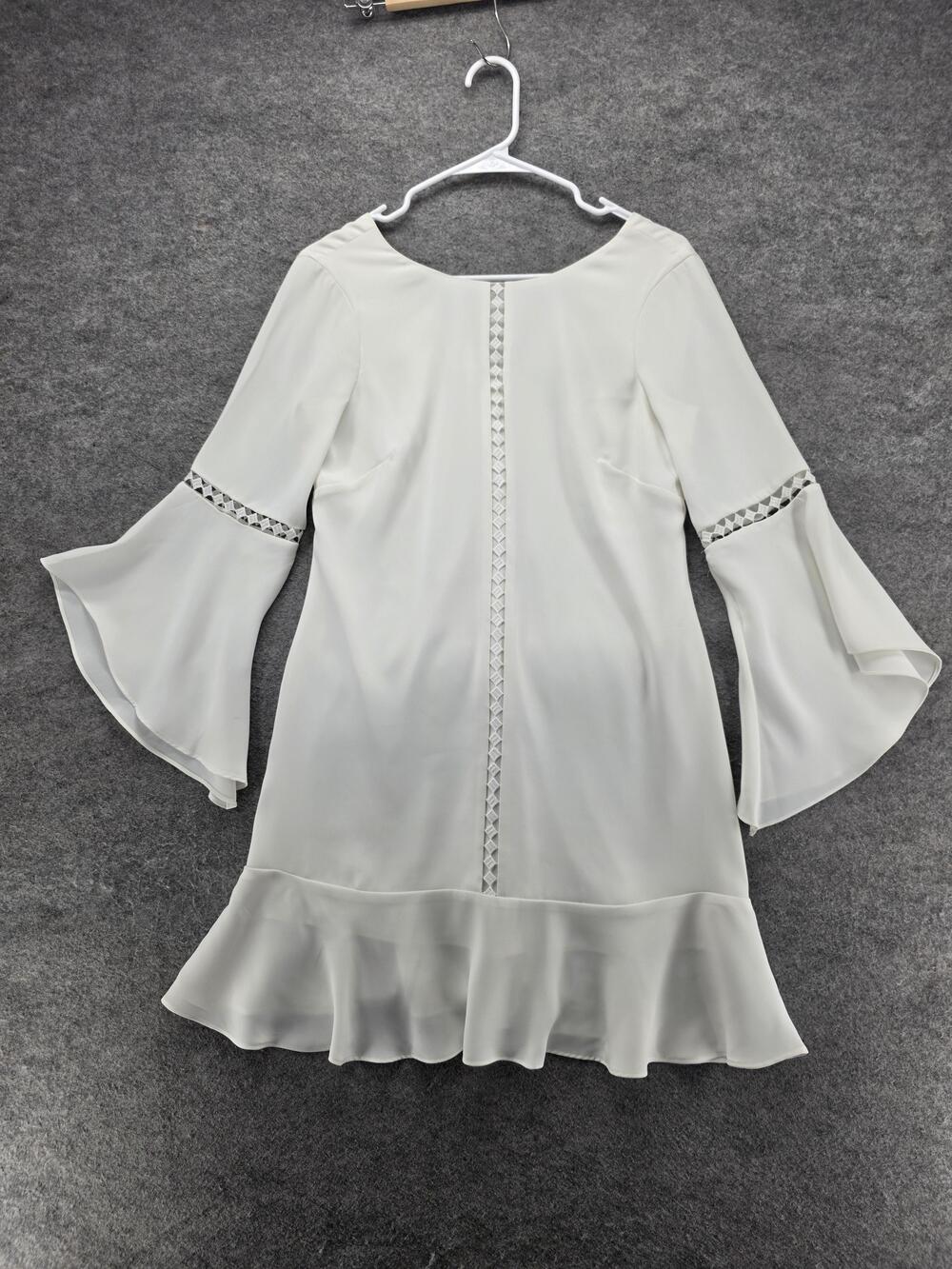 White House Black Market Dress Womens 2 White Scoop Neck Shift 3/4 Sleeve Ruffle
